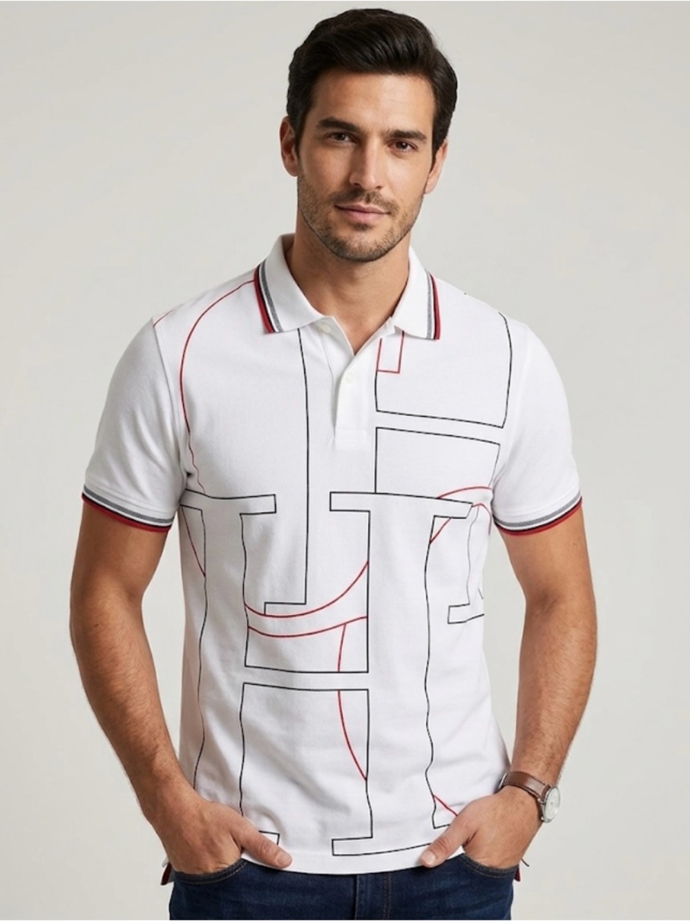 Carolina Herrera White Polo with Black and Red Line Graphics